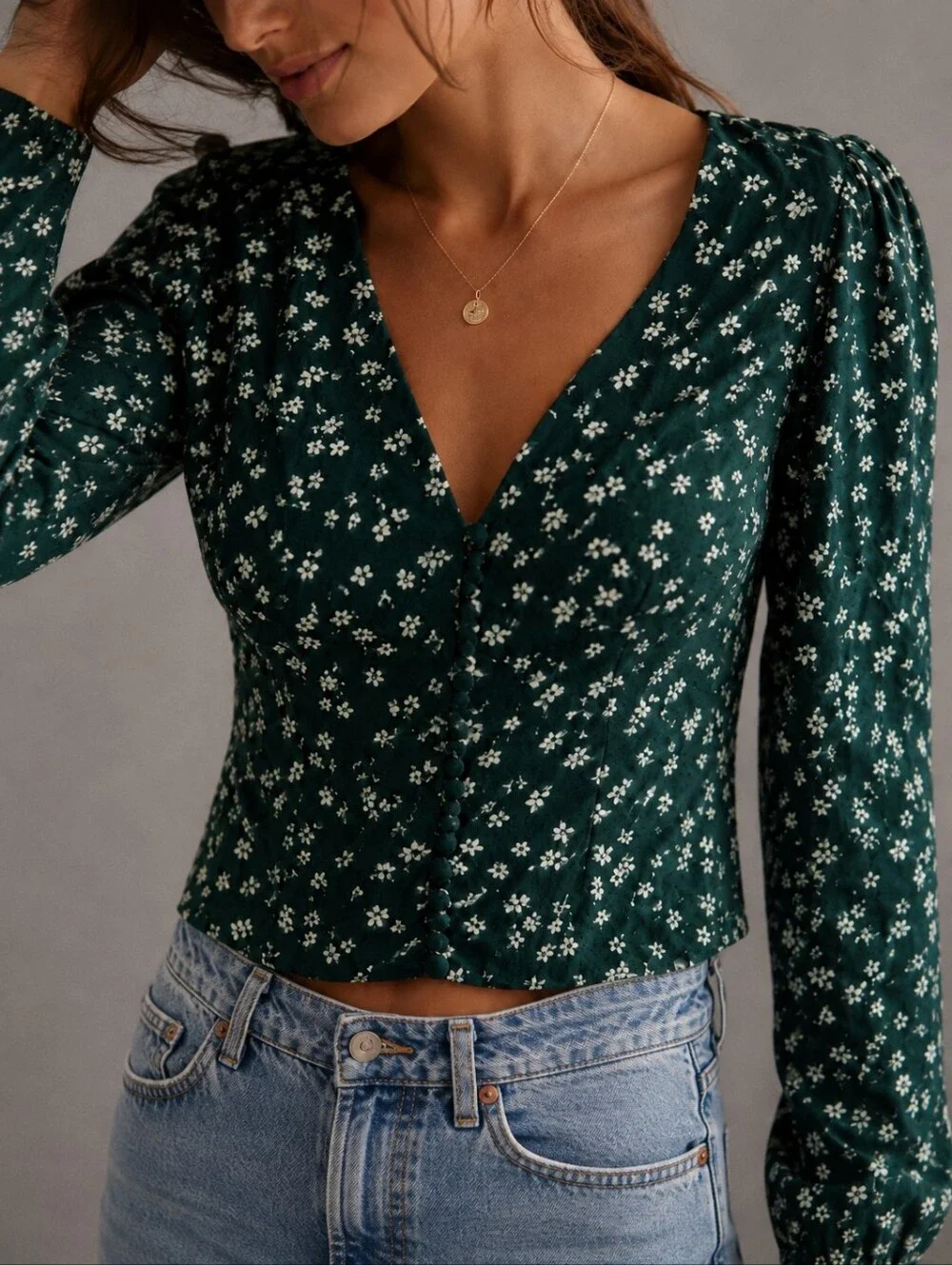 Reformation Nell Green Floral Long Sleeve Button Front Top Womens Size XS